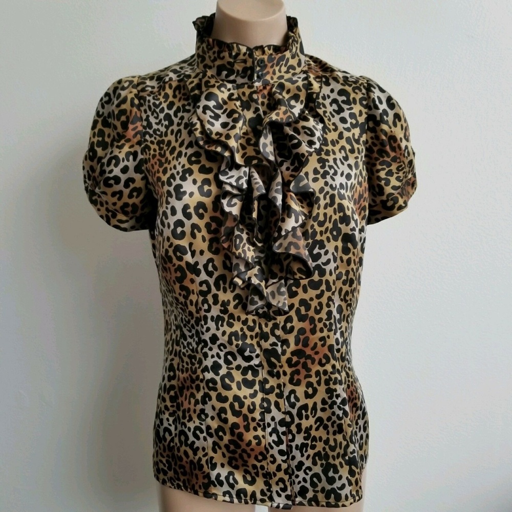 Ruffle Button Up Animal Print Shirt Small